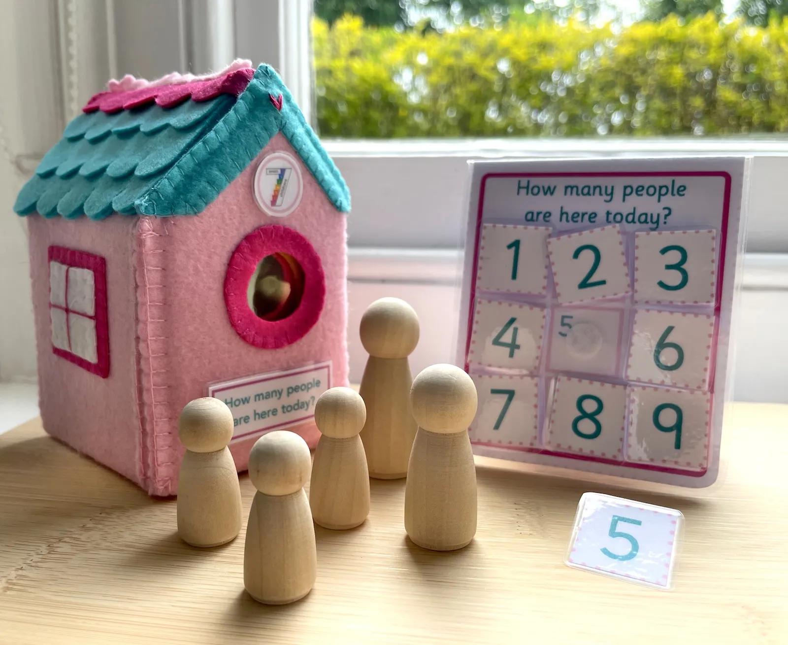 A hand sewn pink felt house with the door wide open next to a How many people are here today sign featuring numerals from 1 to 9 and five wooden people outside the house.